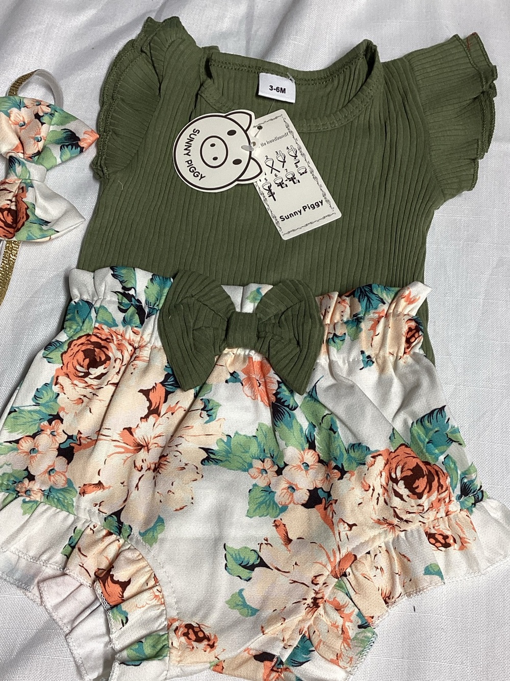 Olive Green Floral Baby Hair Bow Romper